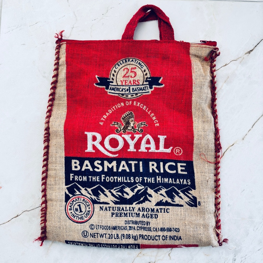 Large Woven Burlap Zippered Bag Tote w/ Handles Royal Basmati Rice Bag Red & Tan